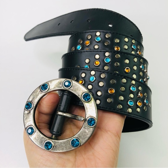 Vintage Lane Bryant Studded Jeweled Belt Rhinestones Round Pin Buckle Motorcycle - Picture 1 of 6